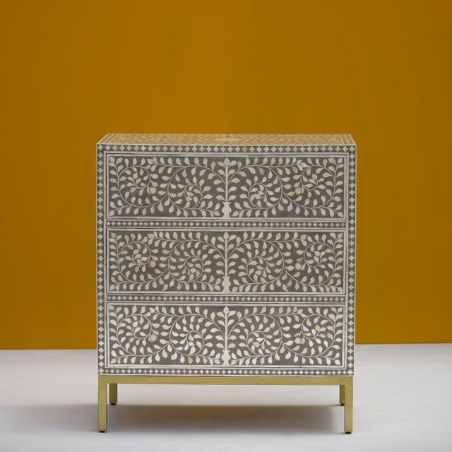 Not Yet Made - Made To Order Arabesque Bone Inlay Three-Drawer Chest - Grey by House of Jaipur For Sale - Image 5 of 5