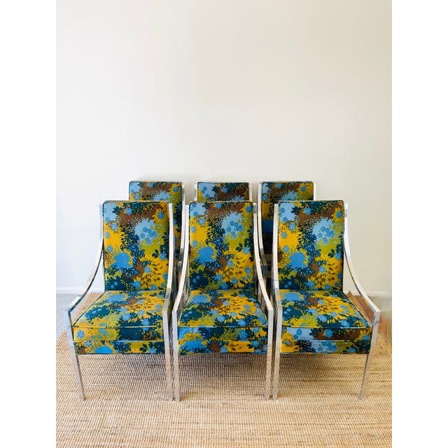 Blue Vintage 1970s Set of 6 Milo Baughman X Jack Lenor Larsen Floral Upholstered Dining Chairs Mid Century Modern For Sale - Image 8 of 10