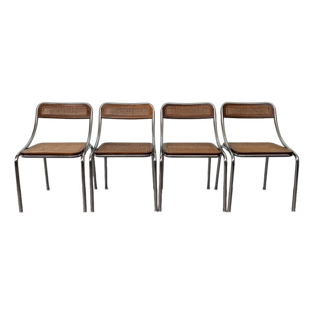 Italian Chairs in Chromed Metal and Vienna Straw, 1970s, Set of 4 For Sale