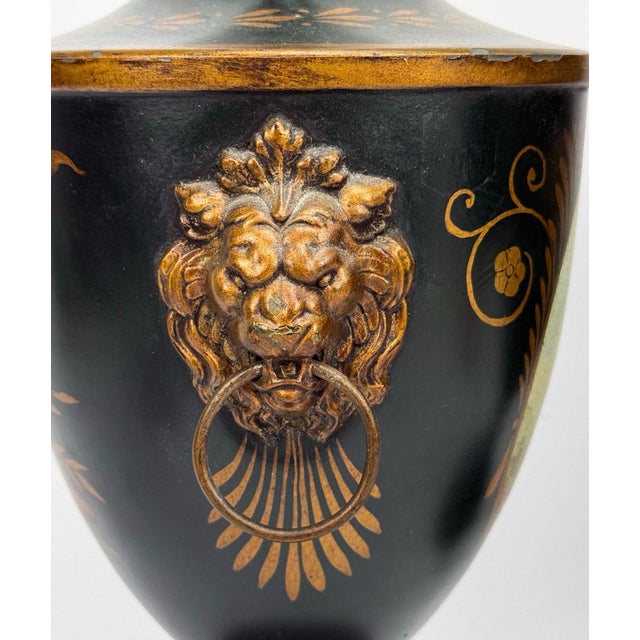 Pair of Vintage Neoclassical Painted Toleware Lidded Urns With Lion Mask Handles For Sale In West Palm - Image 6 of 12