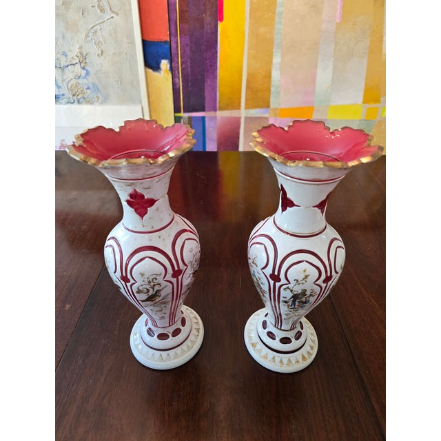 Art Nouveau Antique Moser Bohemian Glass Birds Ruby Vases- a Pair For Sale - Image 3 of 15