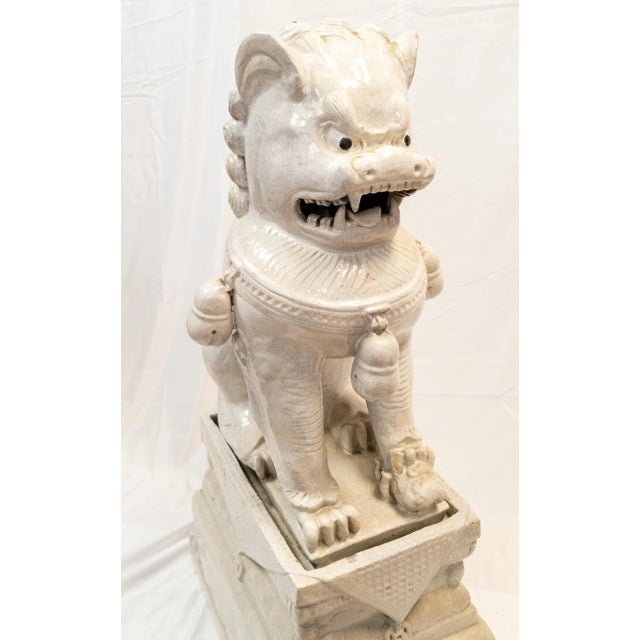 Large Garden Chinese White Ge-Type Crackle Glazed Foo Dog Lion For Sale - Image 9 of 13