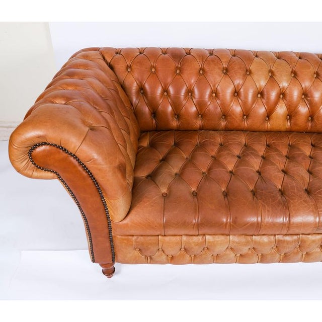 Tan Mid-Century English Button Back Leather Chesterfield Sofa For Sale - Image 8 of 14