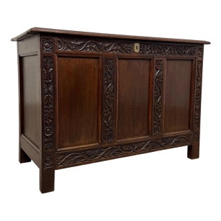 19th Century English Carved Oak Coffer For Sale