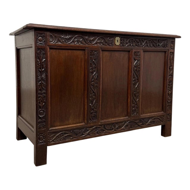 19th Century English Carved Oak Coffer For Sale