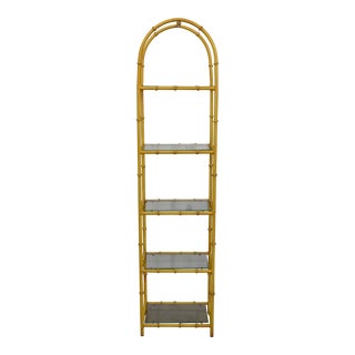 Mid Century Boho Regency Metal Faux Bamboo 5 Shelf Arch Top Etagere For Sale