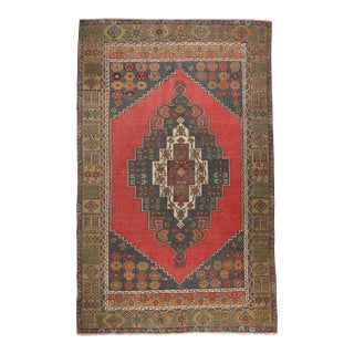Mid 20th Century Vibrant Anatolian Taspınar Rug – Red Field & Tribal Motifs -4' 2'' X 8' For Sale