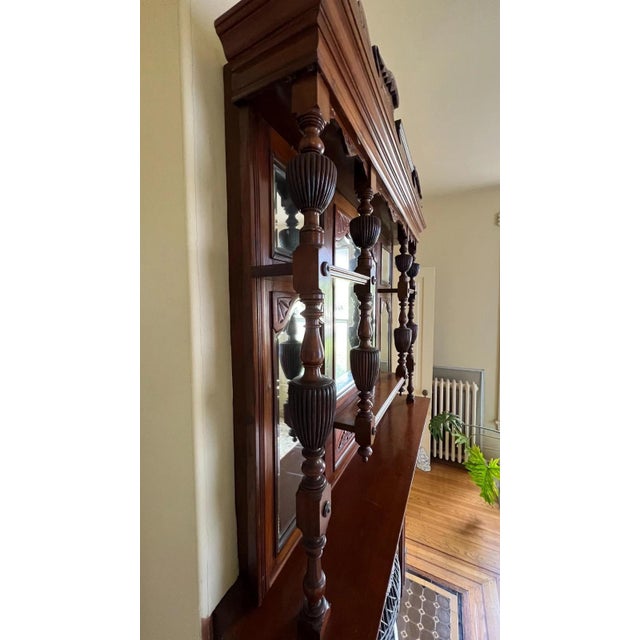 Wood Carved Wood Victorian Fireplace Mantel & Surround Beveled Mirrors 1880's For Sale - Image 7 of 12