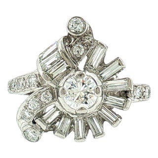 1940's Platinum Round and Baguette Diamond Dinner Ring, Size 5.75 For Sale