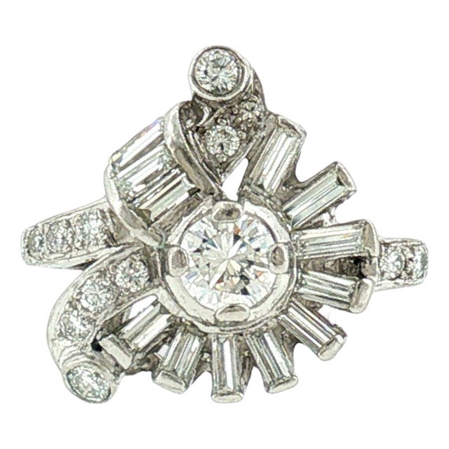 1940's Platinum Round and Baguette Diamond Dinner Ring, Size 5.75 For Sale