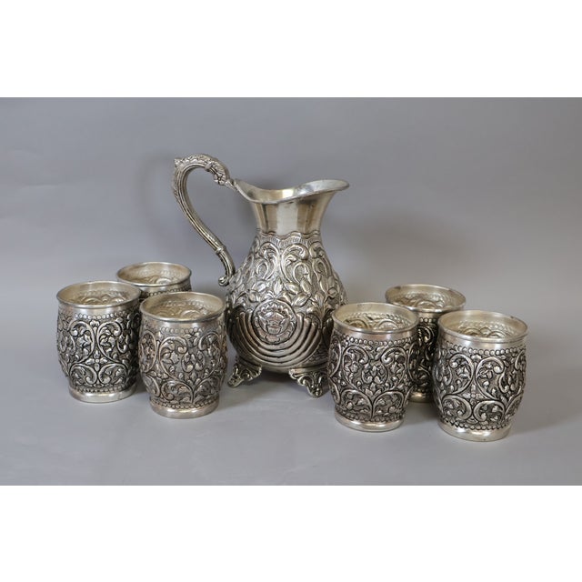 English Vintage Indian Hand-Chased Repoussé Beverage Service With Pitcher & Six Matching Tumblers For Sale - Image 3 of 10
