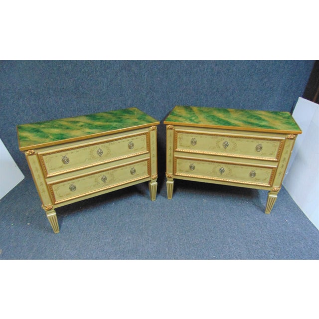 A pair of Louis XVI style Commodes, quality made, faux marble painted tops, base with green painted finish with gold gilt...