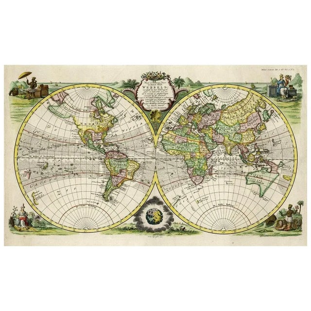 Antique map titled 'Nieuwe en Naukeurige Kaart der Gantsche bekende Werreld.' A double hemisphere world map. Four...