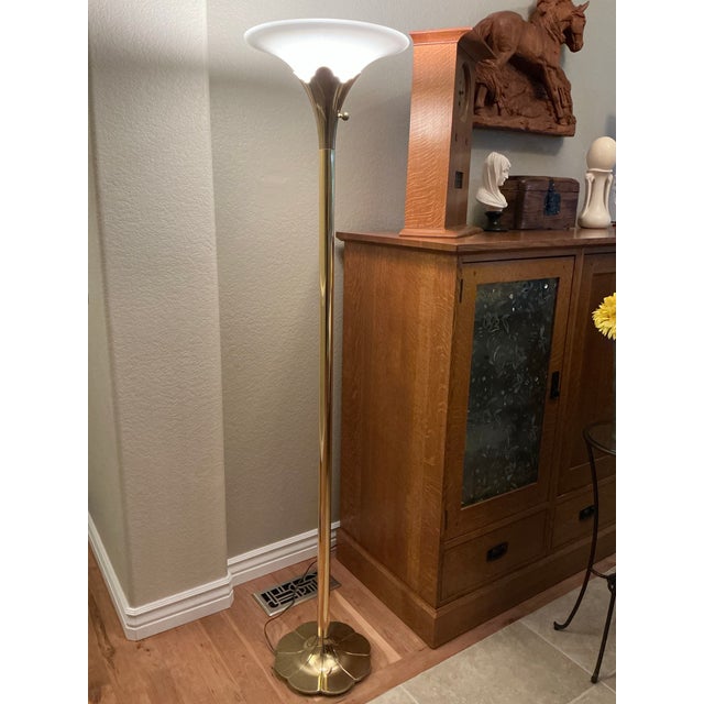 Stiffel Solid Brass Tulip Torchiere Floor Lamp, 3 Matching Hanging Lights and 3 Matching Wall Sconces With Milk Glass...