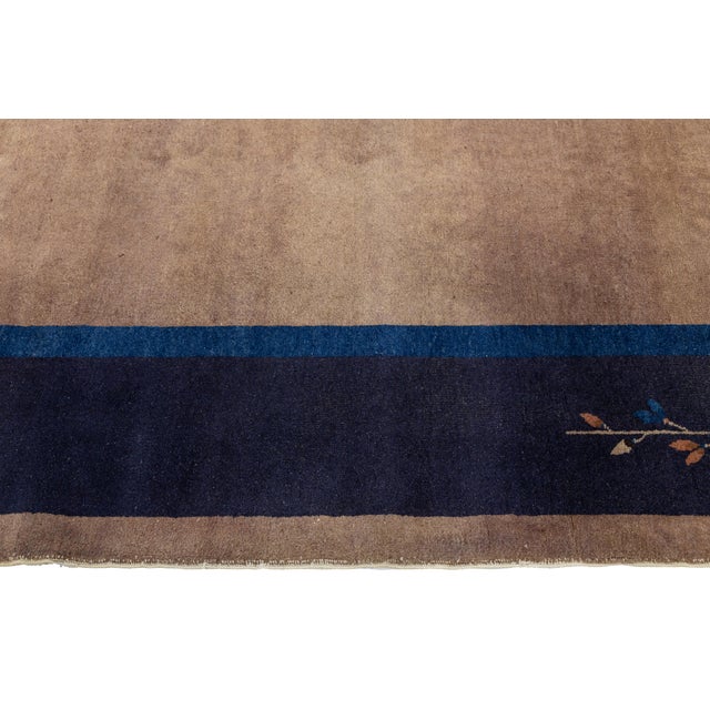 Antique Chinese Art Deco Rug Navy & Taupe Floral Wool 8x10 For Sale In New York - Image 6 of 10