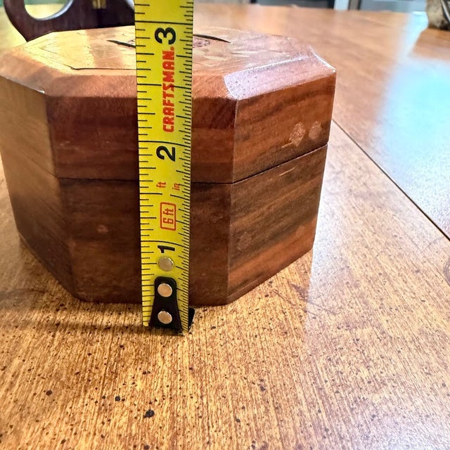 2000 - 2009 Indian Rosewood Octagonal Wood Trinket Box Brass Inlay Floral Carved India 4in For Sale - Image 5 of 9