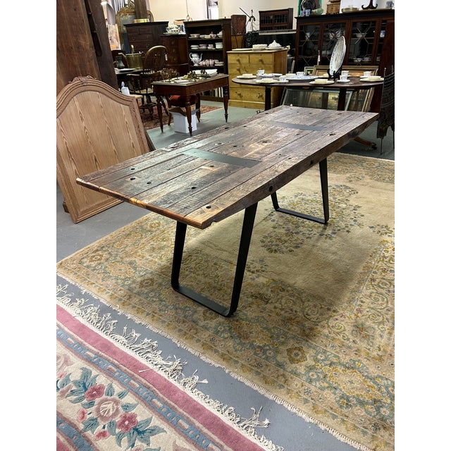 Industrial Rectangular Salvage Wood & Black Iron Table or Desk For Sale - Image 10 of 14