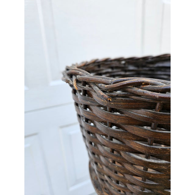 40s Round Rattan Wicker Basket Planter Spindle Legs For Sale - Image 11 of 12