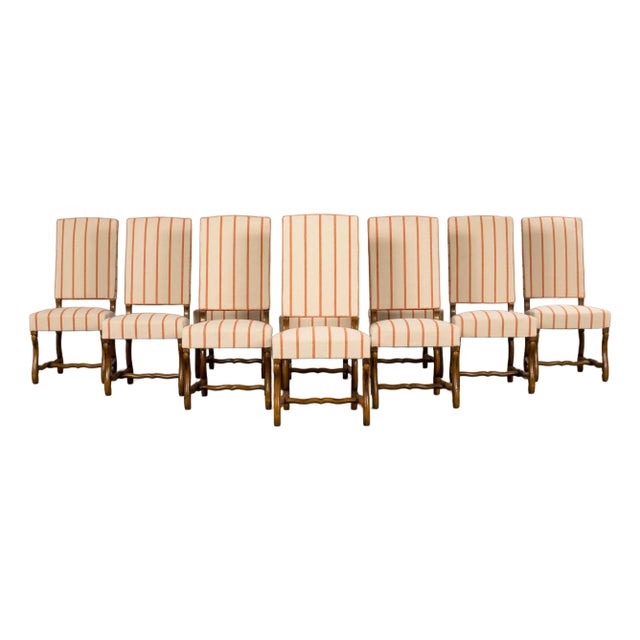 Antique French Louis XIII Style Os De Mouton Oak Dining Chairs in Coral Stripe - Set of 10 For Sale