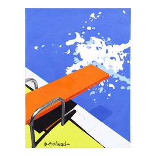 Orange Board - Abstract Vibrant Mid Century Modern Pool Still Life Painting Original Artwork by Michael Giliberti For Sale