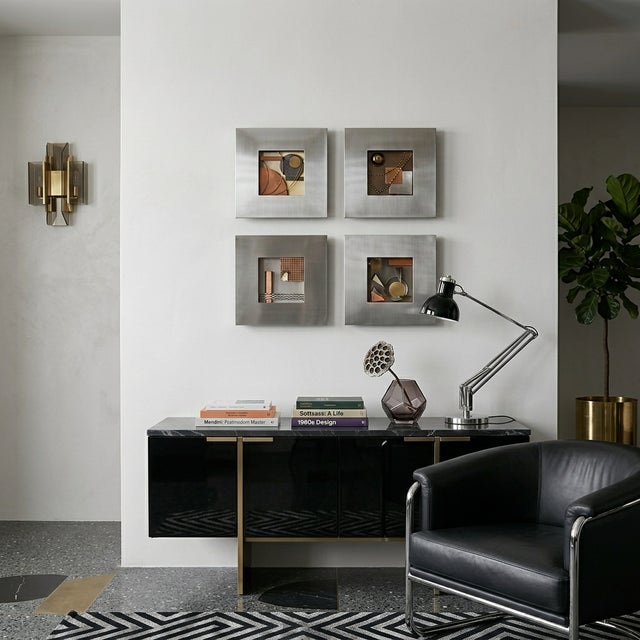 This set of 1990s Postmodern abstract wall sculptures in the style of Curtis Jere features geometric forms in copper,...