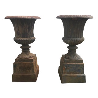 Pair of Monumental Cast Iron Garden Urns 53.5"H For Sale