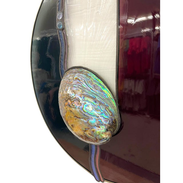 1970s Vintage Signed Stained Glass Round Panel With Abalone Shell, Hanging Wall Art Suncatcher For Sale - Image 5 of 12