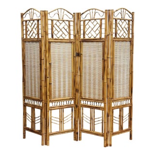Vintage Bamboo Chippendale Style Four Panel Room Divider For Sale