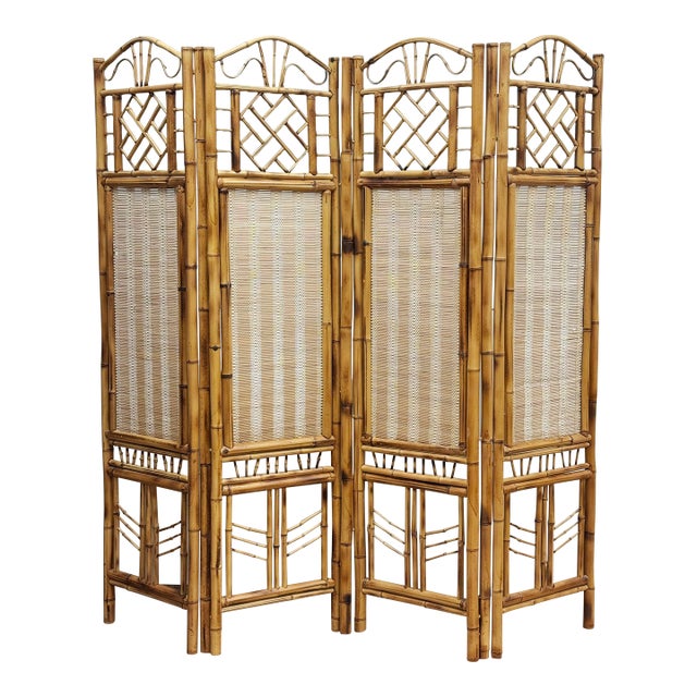 Vintage Bamboo Chippendale Style Four Panel Room Divider For Sale