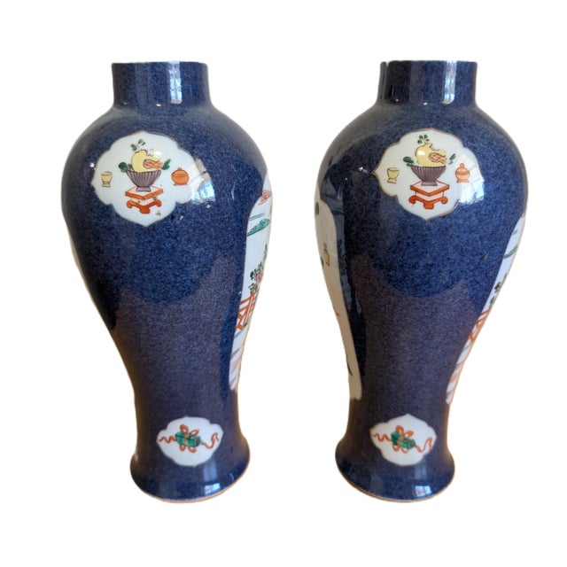 A Pair of Antique Chinese Power Blue Wucai Character Porcelain Vases For Sale - Image 4 of 9