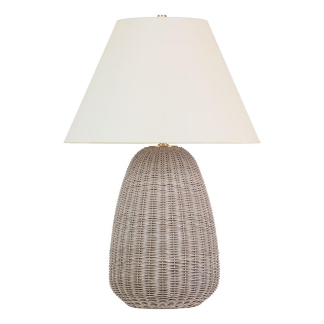 Chapman & Myers by Visual Comfort Signature Kokomo 30" Table Lamp in Ash Wicker and Antique-Burnished Brass with Linen Shade For Sale