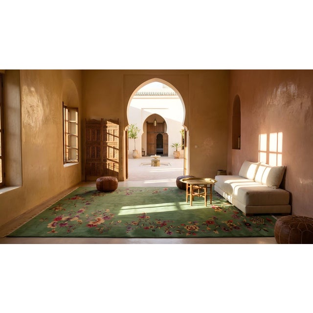 Soothing Green Color Minimalist Open Field and Floral Border Antique Chinese Art Deco Carpet For Sale - Image 10 of 12