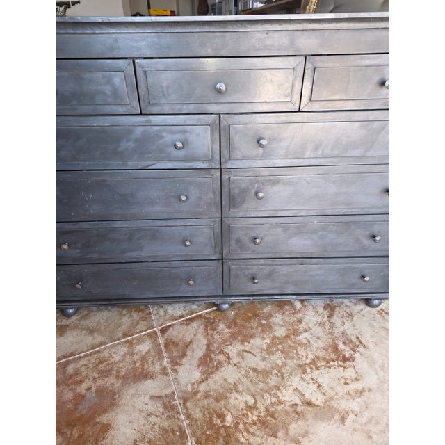 Large Wide Dark Gray Restoration Hardware Metal Clad Dresser For Sale - Image 9 of 9