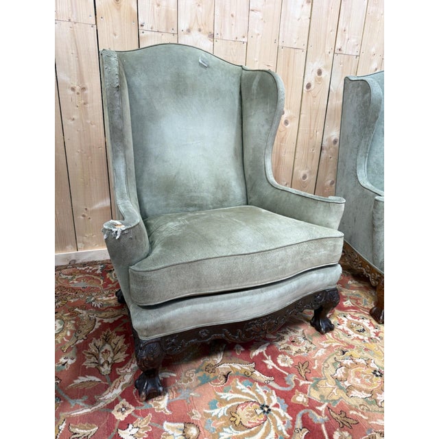 George III Style Wingback Armchairs in Carved Wood, 18th Century, Set of 2 For Sale - Image 4 of 8