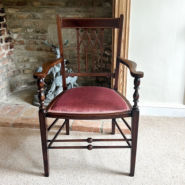 Edwardian Mahogany Inlaid Desk Armchair with Gothic Splat and Dusty Rose Upholstered Seat, 1900s For Sale - Image 9 of 17