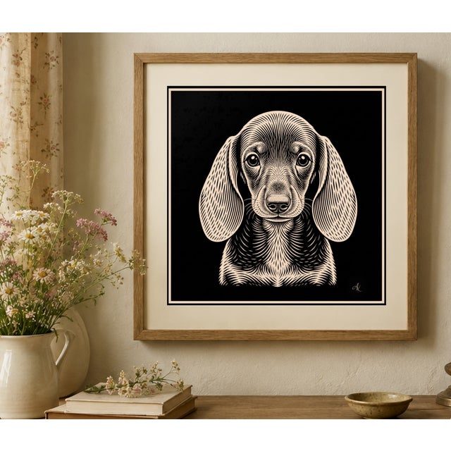 Hollywood Regency Atelier Aria Lumae the Sovereign Pet Collection Dachshund Silhouette Geometric Lithograph Fine Art Gallery Board Print Square Panel 16 X 16 For Sale - Image 3 of 18