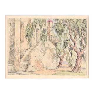 Corkscrew Willows With Stairs - Hand Colored Drypoint Etching California Adobe by Orpha Klinker For Sale