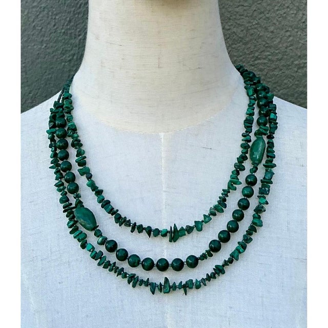 Vintage Boho Malachite Three-Stranded Necklace For Sale - Image 4 of 12