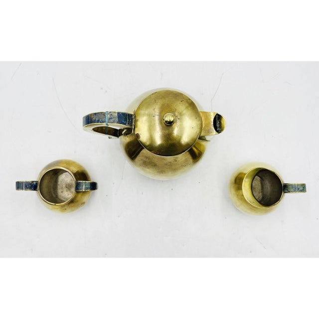 Metal 1950s Los Castillo Taxco Brass & Stone Inlaid Tea Set, Mexican Modernism - Set of 3 For Sale - Image 7 of 18