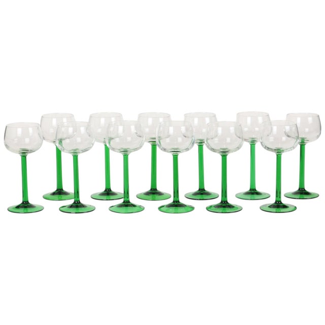Vintage Alsace Wine Glasses with Green Stems from Luminarc, 1970s, Set of 12 For Sale - Image 4 of 16