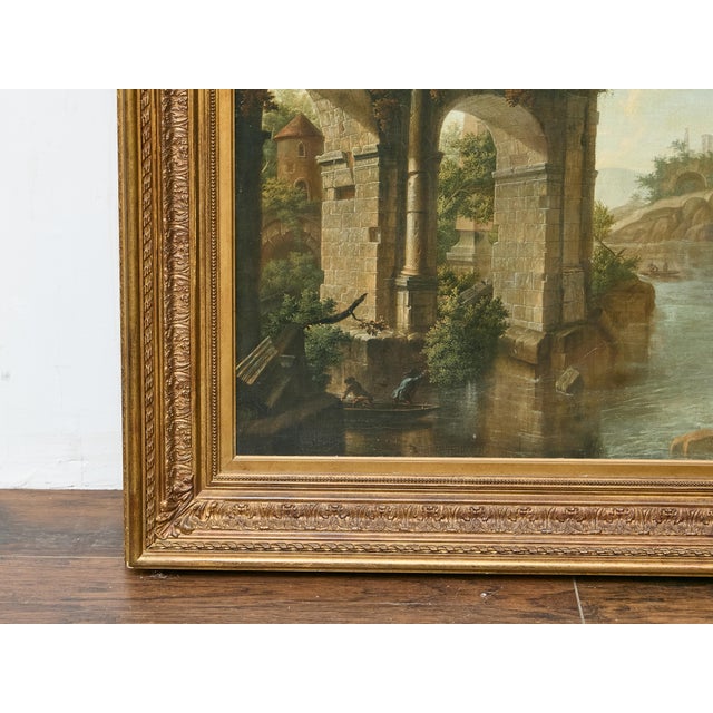 19th-Century Italian Oil on Canvas Classical Landscape with Arch Bridge Ruin For Sale - Image 9 of 12