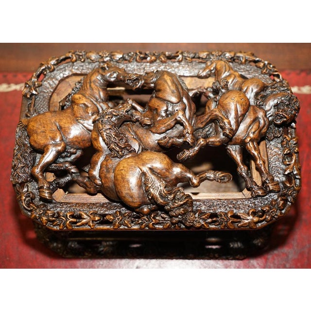 Wood Antique Italian Heavily Carved Box Depicting Stallion Horses, 1840s For Sale - Image 7 of 18