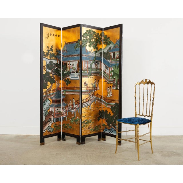 Chinese Export Four Panel Gilt Lacquered Coromandel Screen For Sale - Image 9 of 12