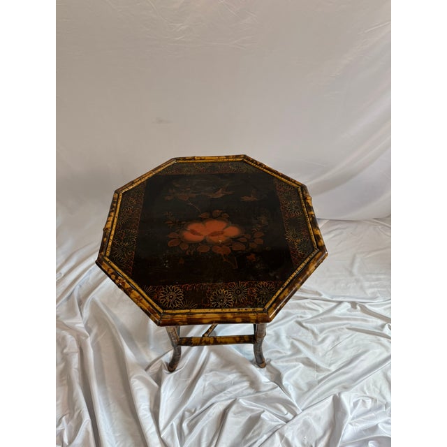 Antique English Bamboo Lacquered Octagonal Table | Aesthetic Movement Chinoiserie | Japanned Top, 28in Tall For Sale - Image 12 of 17