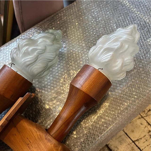 Set of Two 1940s Art Deco Wood and Glass Italian Wall Sconces For Sale - Image 6 of 12
