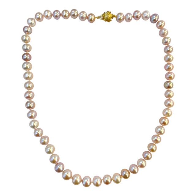 Pink Pearl Single Strand Necklace With 14k Yellow Gold Clasp For Sale