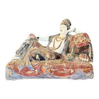 Early 1900s Polychrome Carved Wood Figure on Dragon Asian Transitional Antique For Sale