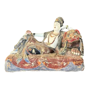 Early 1900s Polychrome Carved Wood Figure on Dragon Asian Transitional Antique