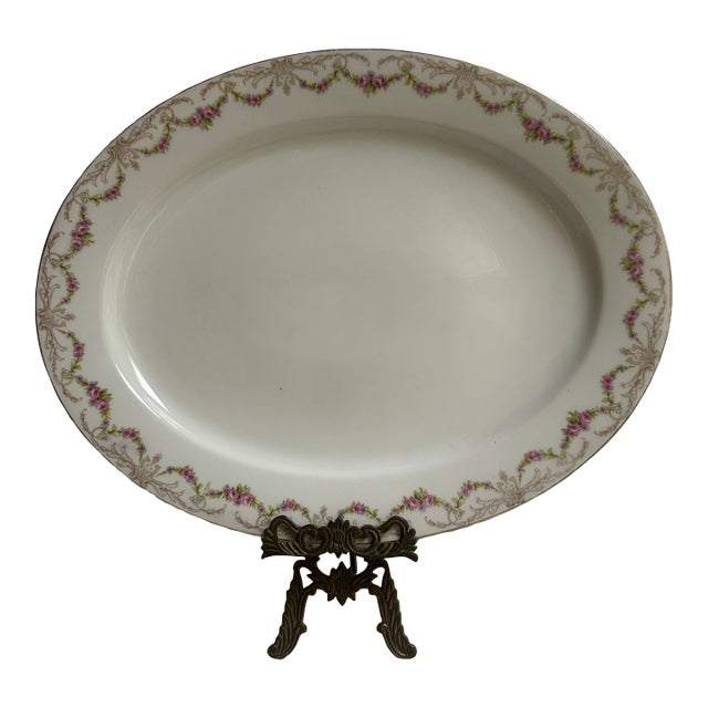 Antique Late 19Th Century Limoges France Bawe Dotter Elite Co. Serving Platter 16" X 12" Floral Gold Trim For Sale