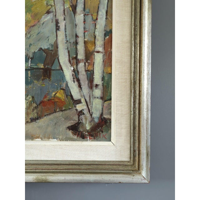 Textile Mid-Century Modern 'Autumn Reflections' Vintage Original Swedish Expressive Landscape Oil Painting, Framed For Sale - Image 7 of 11